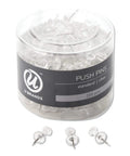 Solid 200 Count Clear Push Pins With Heavy Duty Steel Needle Points Top Shelf Durability in container, sharp metal tips for organization.