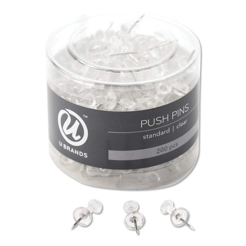 Solid 200 Count Clear Push Pins With Heavy Duty Steel Needle Points Top Shelf Durability in container, sharp metal tips for organization.