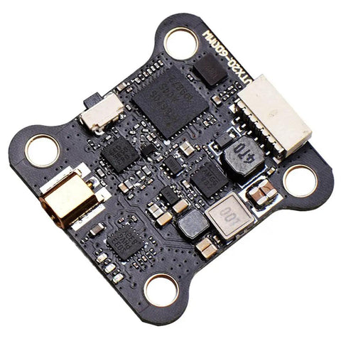 5.8G 40CH FPV VTX Transmitter for RC Drones, compact circuit board, 25-600mW output, 7 to 26V input range, top view