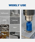 Diamond Hole Saw Kit drilling into stone, showcasing 6mm to 35mm bits for porcelain, ceramic, granite, marble, and other hard materials.