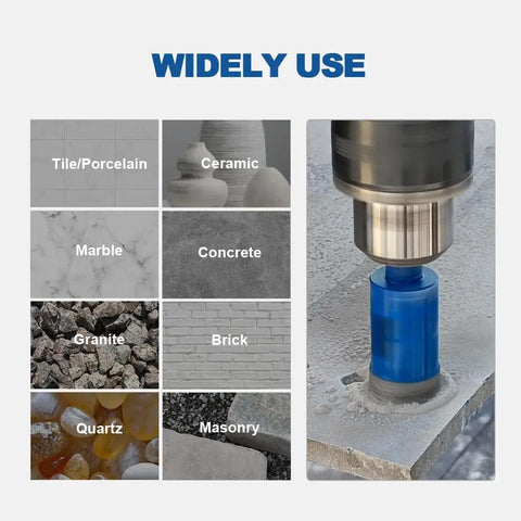 Diamond Hole Saw Kit drilling into stone, showcasing 6mm to 35mm bits for porcelain, ceramic, granite, marble, and other hard materials.