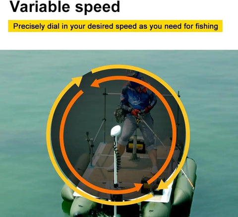 Heavy Duty Bow Mount Trolling Motor 24 Volt 80 Pound Thrust with variable speed dial for freshwater fishing on inflatable skiff.