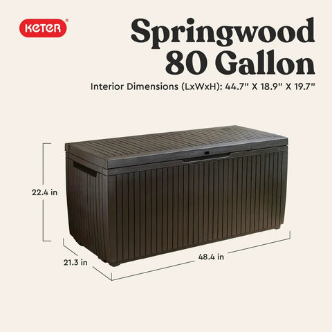 Springwood 80 Gallon Resin Outdoor Storage Box with wood-like texture and heavy-duty handles, dimensions 48.4x21.3x22.4 inches