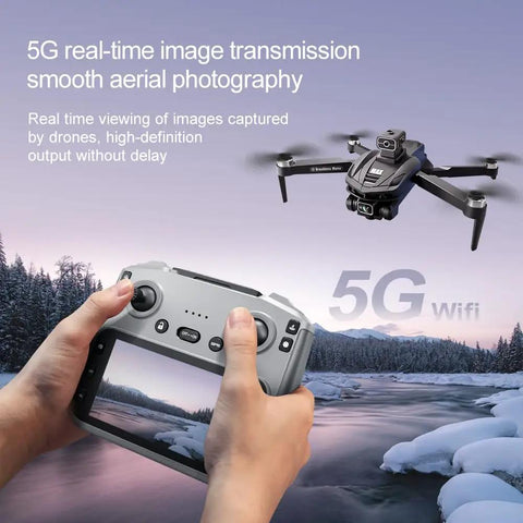 Hands holding controller with 4.5-inch screen showing GPS Drone With Dual Cameras And A Large Four And A Half Inch Screen Transmitter.