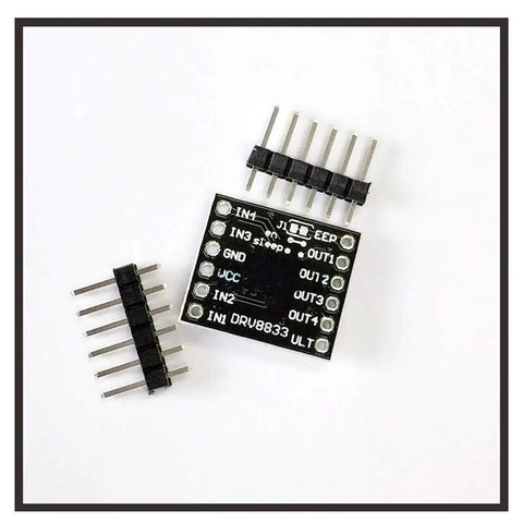 Dual H Bridge Motor Driver Module for DIY Robots, 1.5A per channel, DRV8833 based, 3-10V DC input, with protection features, top view.