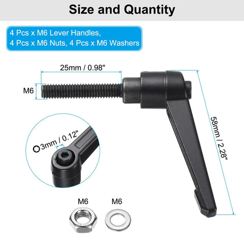 4 Pack Rock Solid M6 Lever Handles With 25mm Metric Threads Black Quick Grip Clamping Latches highlighted with size measurements.