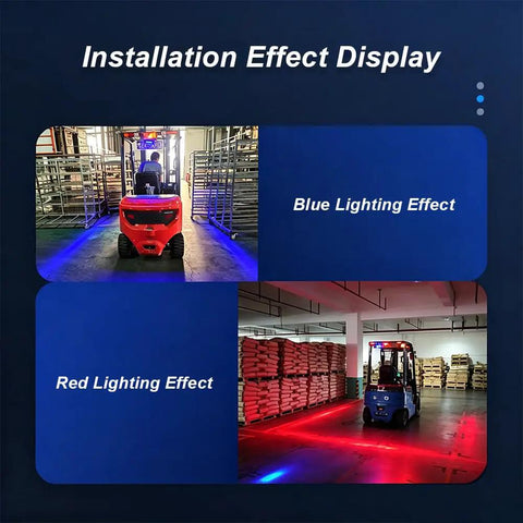 Installation effect display showing blue and red lights from the forklift warning lamp, enhancing safety for Raymond 8210.
