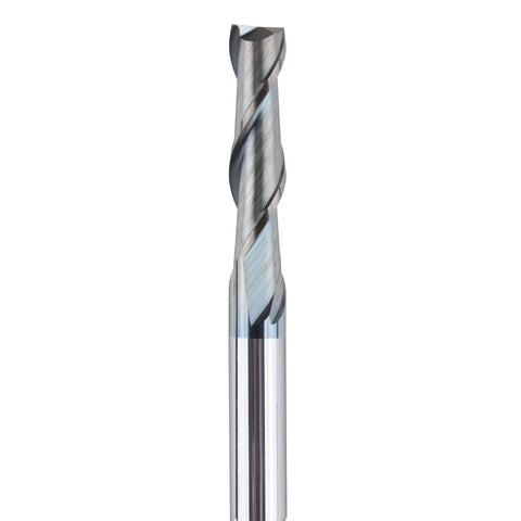 SpeTool 1/8 in TiAlN-coated carbide end mill, 2-flute square-nose with 1/8 in shank (front view).