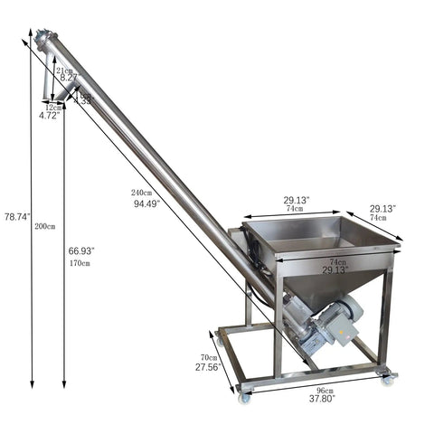 Stainless Steel Screw Conveyor With Vibrating Hopper For Powder Feeding, 4.5 Inch Inclined Auger Feeder, 110V 1100W Motor