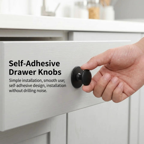 Person installing Five Pack Self Adhesive Cabinet Knobs No Drill Required Quick Install Black Drawer Handles For Cabinets And Drawers DIY Furniture Makeover