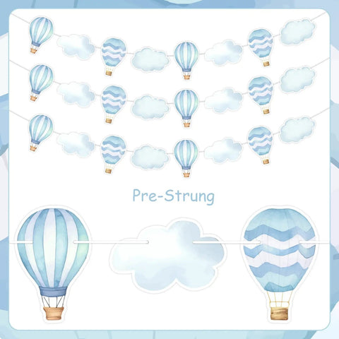 Image of Blue Hot Air Balloon Party Decorations Set, 3 Hanging Garlands With Eight Pieces Each In Four Different Patterns, Adventure Awaits Theme For Baby Shower And Gender Reveal, Travel World Sky Cloud Plane Decor For Indoor Outdoor Use.