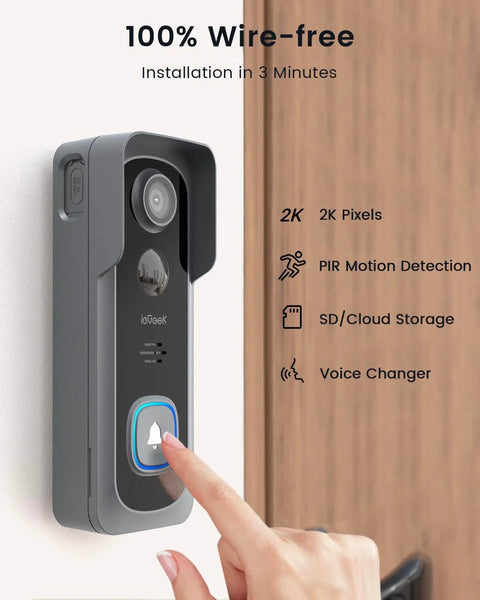 Wireless 2K Doorbell Camera With No Monthly Fees, Ultra Wide View, Real Time PIR Motion Alerts, weatherproof gray installed on wall