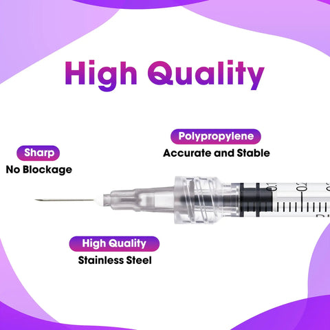 100 Pack 1 Milliliter Syringes With Needle 27 Gauge Half Inch Disposable Luer Lock Syringes For Scientific Lab Use Sterile Individually Wrapped Ready For Pro Grade Precision Dosing In Microbiology Chemistry And General Research. close-up of 1ml syringe with 27G stainless steel needle