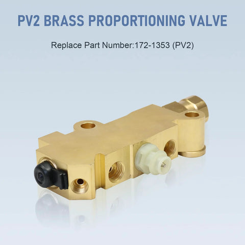 Amazon PV2 brass proportioning valve for disc/drum brakes - side view with white plastic plunger and black actuator.
