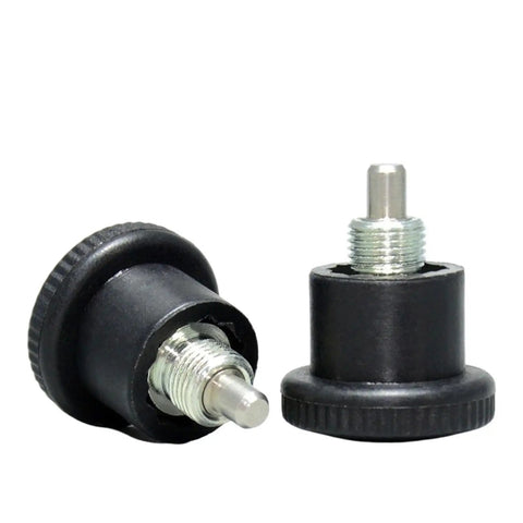 Premium 304 Stainless Steel Index Plungers And Spring Dowel Lock Screws M8 To M16, black metal knob, spring-loaded mechanism.