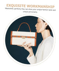 Cream canvas handbag with brown leather trim and blue stud rivets, held by a model.
