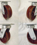 Heavy Duty 6 By 2 Inch Swivel Casters Kingpinless 7/8 V Groove Ductile Steel Wheels 1500 Lbs Capacity Set Of 4 Red from side view.