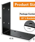 20 Pieces Heavy Duty Steel L Brackets 4x4x2 Inch Black Corner Supports showing size dimensions and installation details.