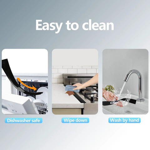 Silicone Stove Gap Cover 2 Pack 25 Inch Heat Resistant Gap Filler Seals Spills with dishwasher, wipe, hand wash cleaning options.