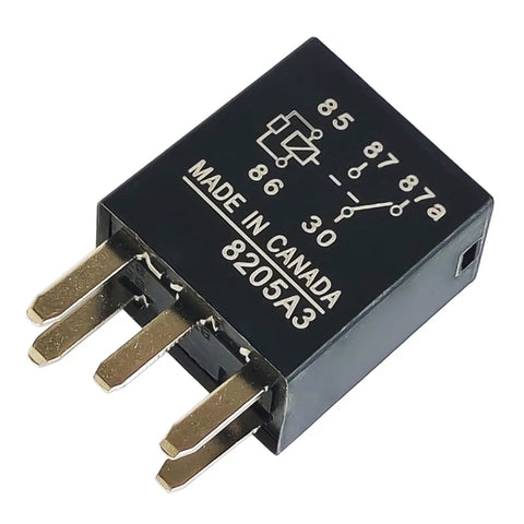 Close-up of G8V-1C7T-R-DC12 12V 35A 5-pin marine relay beefy shielded for boat electrical systems, showing pin configuration and label.