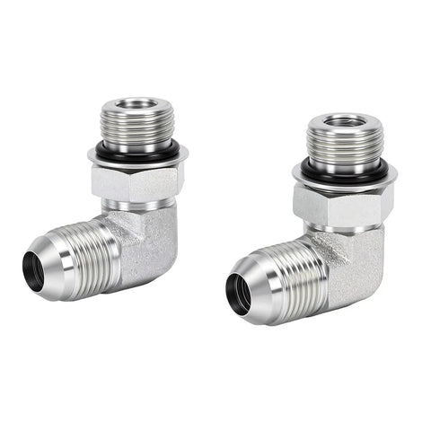 One Half Inch 37 Degree Flare Male To SAE ORB 90 Degree Elbow Connector, stainless hydraulic fitting shown angled