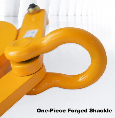 Heavy Duty Pallet Puller Clamp Workhorse With 2204 Lb Grabber Hook Steel Single Scissor Clamp Five Inch Jaw Opening For Forklift Chain And Stump Puller Non Slip Fixed Nuts Industrial Grade Tough Tool orange forged shackle close-up