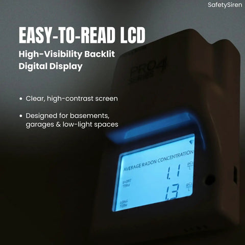 Plug In Radon Detector For Home And Office With Round The Clock Audible Siren And Visual Alarms, Easy-to-read LCD display