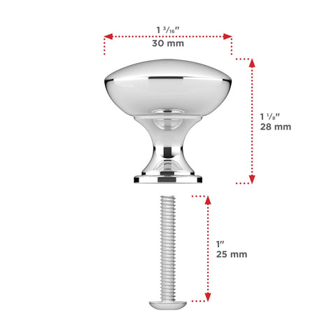 Copperfield Collection 1 3/16 Inch Chrome Mushroom Cabinet And Drawer Knob For Kitchen Bathroom And Furniture with dimensions.