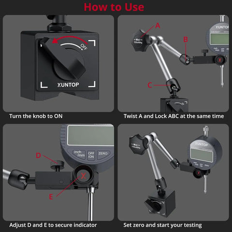 Steps to set up Digital Dial Indicator 1 Inch Range With 0.0005 Inch Resolution LCD Display Inch To Metric Conversion 132 Lbs Magnetic Base