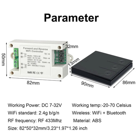 Smart Wireless Linear Actuator Controller With 10A Relay and Timer for 12V 24V 32V DC Motors shown with dimensions and specs