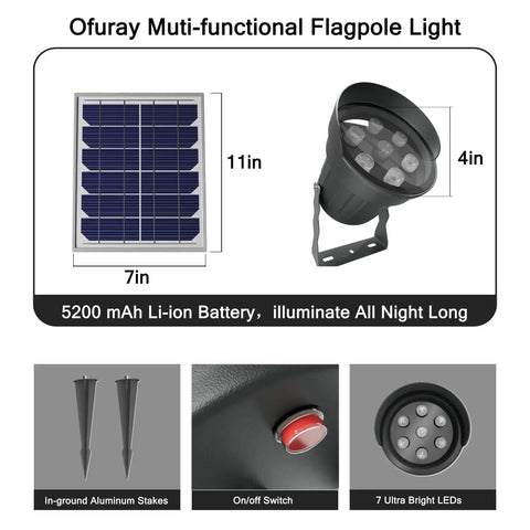 Brightest Solar Flag Pole Light 3 In 1 Design With Dual Brightness LED Outdoor Dusk To Dawn Spotlight components displayed