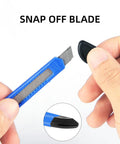Front view of blue retractable box cutter knife with snap-off blade