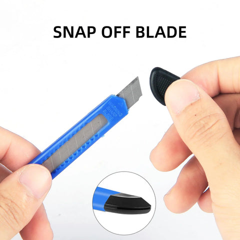 Front view of blue retractable box cutter knife with snap-off blade