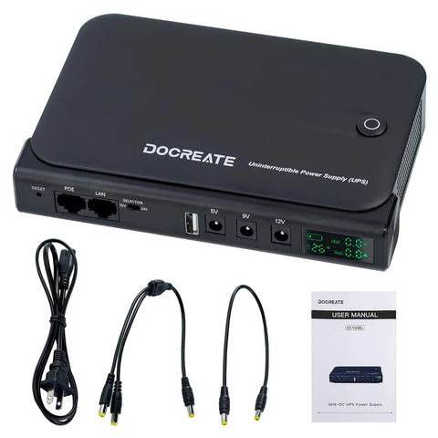 Compact 36W DC Uninterruptible Power Supply Backup For Router Modem And Security Camera With 5V 9V 12V Multi Voltage Output Battery Not Included, showing ports and cables.