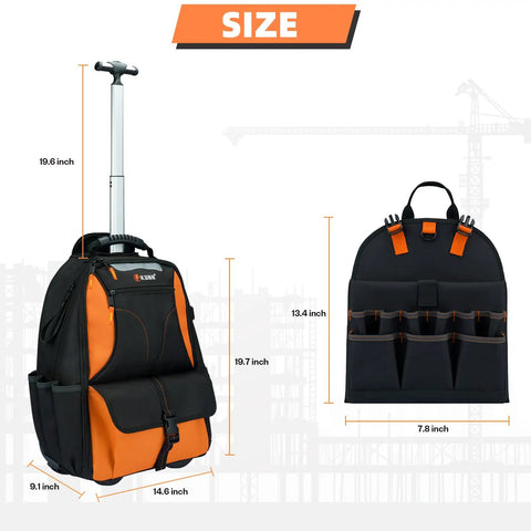Rolling Tool Backpack With Wheels, Heavy Duty 37 Pocket Organizer dimensions, durable orange gear bag size details shown.