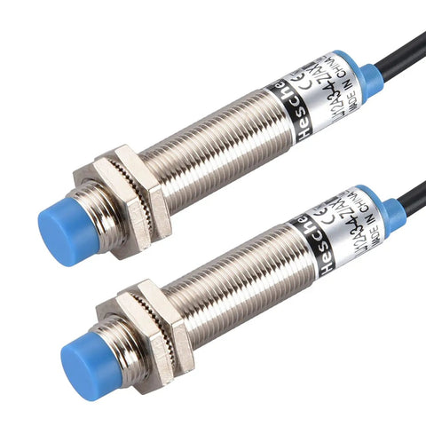 Two M12 Inductive Proximity Sensor Switch LJ12A3 4 Z AX with blue tip and cable, showing durable metal design for automation
