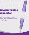 Oxygen tubing swivel connector with purple end caps and clear middle, linking two hoses.