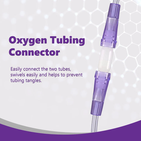 Oxygen tubing swivel connector with purple end caps and clear middle, linking two hoses.