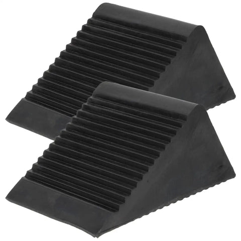 Side view of Heavy Duty Rubber Wheel Chocks Set Of 4 For Cars Trailers Trucks And RC Vehicles Grippy Non Slip Tire Stoppers Stabilizer Wedges With Crack Resistant Construction 4.72 Inches By 3.93 Inches By 5.90 Inches