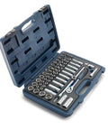 60 Piece Tool Box Set With Chrome Vanadium Tools For Bike Maintenance Featuring 3 8 Inch Ratchet With Locking Lever, open case