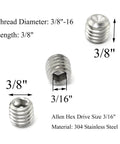 10 Pack 3/8-16 Stainless Steel Cup Point Socket Set Screws Full Thread Hex Drive 304 Grade Rust Resistant Flat Point Grub Screws For Gearheads Machinery Automotive And DIY, showing dimensions and hex drive size.