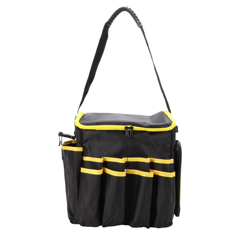 Heavy Duty Oxford Tool Organizer Bag With Removable Divider And Nonslip Rubber Feet Built Like A Tank For Tradesmen And Diy Crew Portable 20 Liter Carry Tote with shoulder strap and tool pockets.