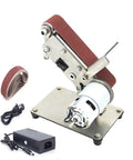 Heavy Duty Electric Belt Sander with 0-90 Degree Adjustable Work Table, Bench Top Polishing And Grinding Machine For Metal Woodworking Projects, DIY Abrasive Finish Tool Easy Assemble Workshop Essential close-up view with sanding belt and motor.