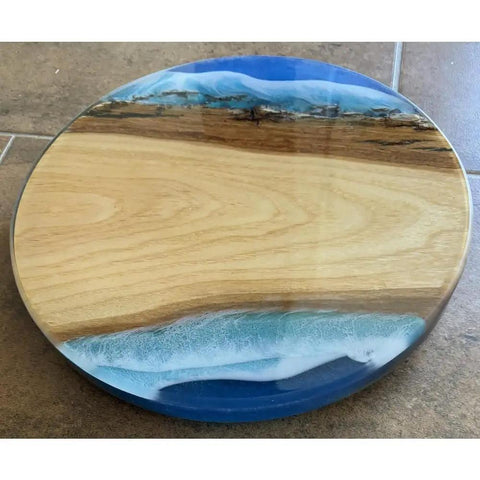 12 Inch Rotating Lazy Susan With Ocean Wave Resin On Turquoise Painted Wood Turntable Handmade Modern Dining Table Centerpiece