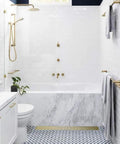 Bathroom with 24 Inch Linear Shower Drain With Removable Cover Grid And Hair Catcher Brushed Gold Stainless Steel Trench Floor Drain.