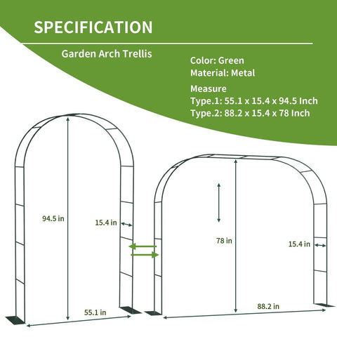 Diagram of Beefy Thickened Metal Garden Arch with Detachable Base showing two sizes with dimensions specified.