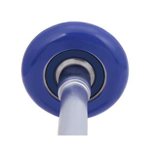 Front view of blue nylon garage door roller with a 2-inch wheel and 7-inch metal stem with sealed bearings