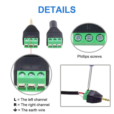 Close-up of 8 Piece 3.5mm Stereo Audio Jack To Av Terminal Adapter Kit showing connectors and wiring details.