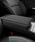 Juniper Leather Center Console Cover for Tesla Model Y 2025 2026 and Model 3 2024 2026 soft touch armrest cover installed.