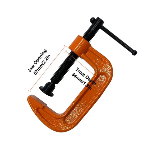 2 Inch C Clamp Set, Four Heavy Duty Steel C Clamps For Woodworking, Welding, And Building Projects, Industrial Strength With Anti Rust Finish, Non Slip Screws, 1 Inch Throat, Durable Orange Finish For A Reliable Grip on orange steel C clamp with 2.2in jaw opening
